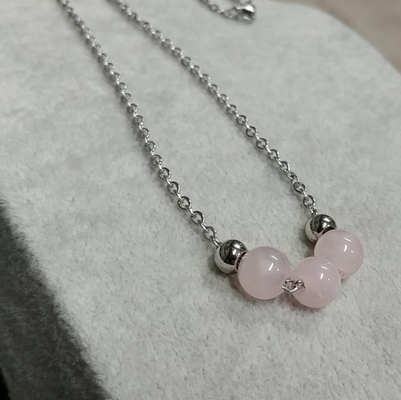 Rose Quartz Three Bead Necklace Natural Gemstone Crystal Stainless-Steel Chain - Picture 8 of 12